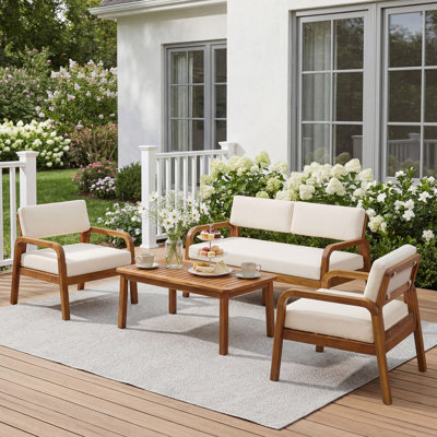 Elzy Outdoor 4-Piece Acacia Wood Conversation Set With Slatted Tabletop & Cushions
