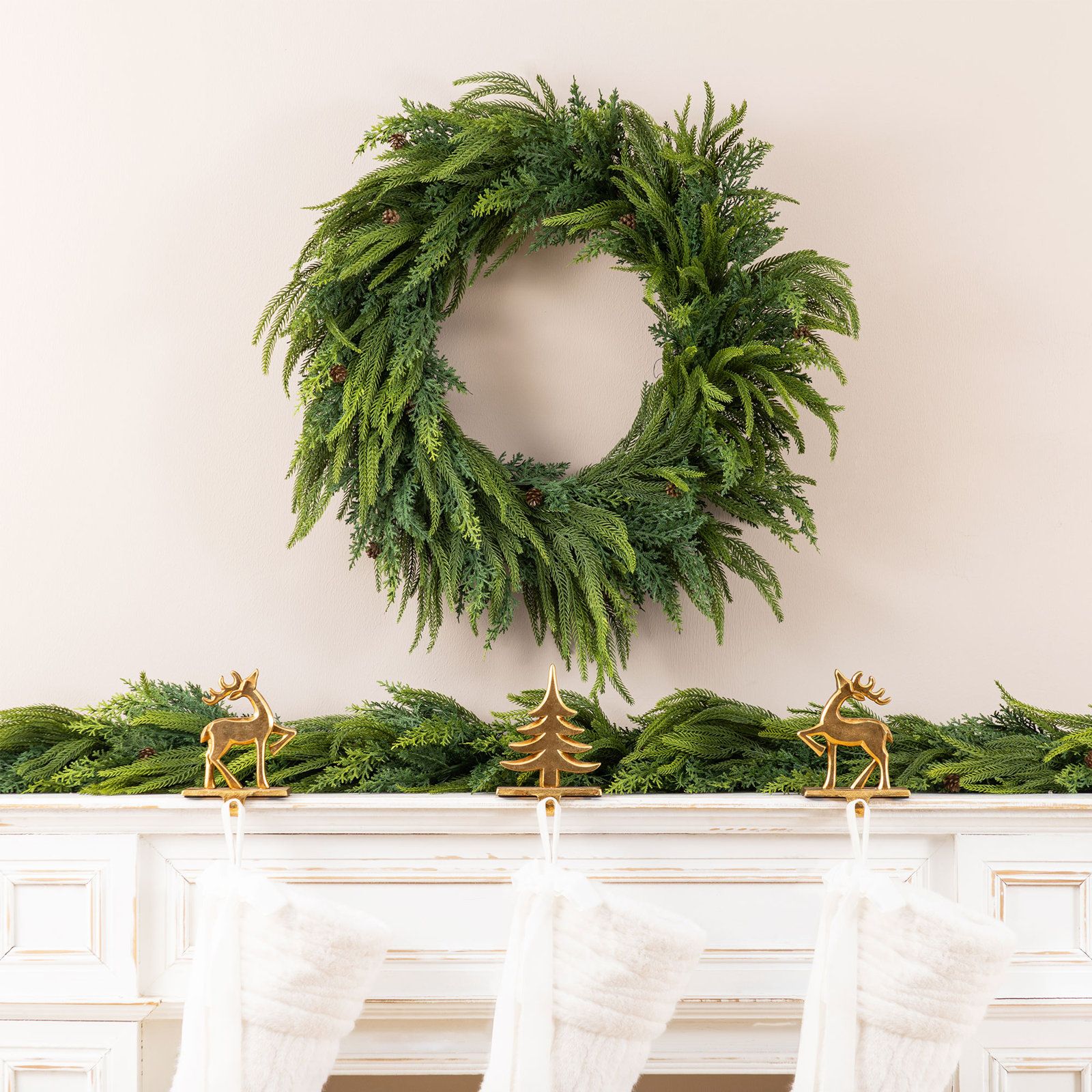 25" Mixed Greenery PE Dripping Christmas Wreath – with Pinecones