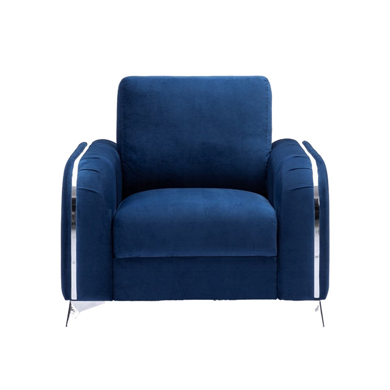 Fauteuil d'appoint Vienne, velours bleu plissé vertical, pieds chromés