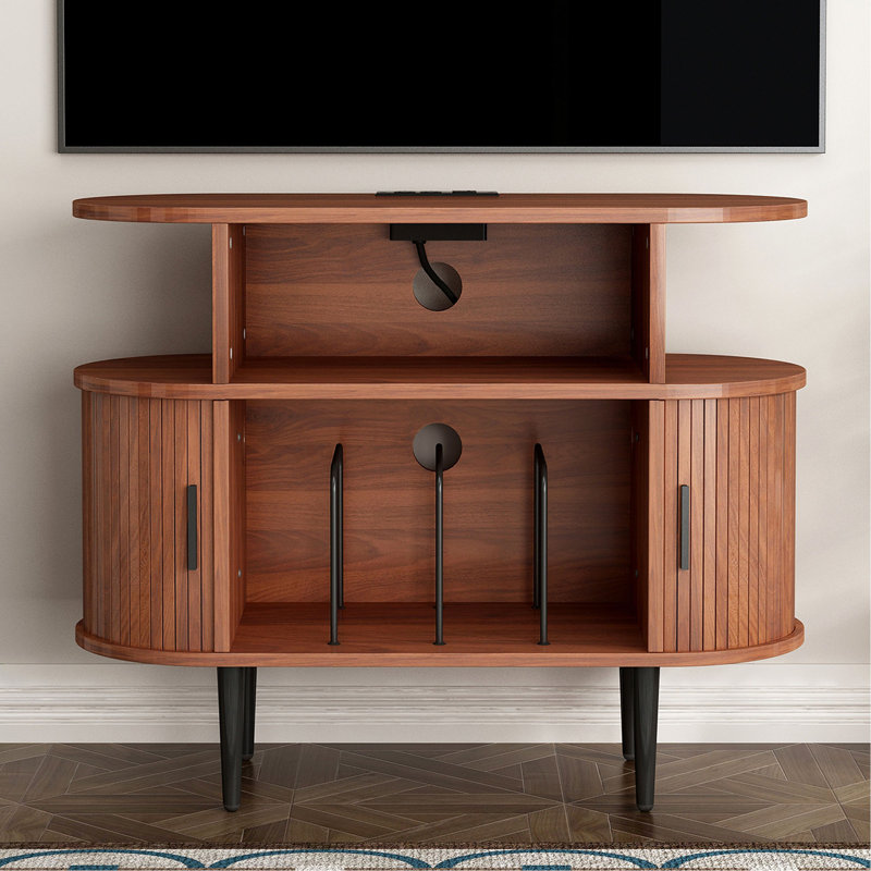 Grand support de tourne-disque rond avec station de charge et ports USB, armoire de rangement de disques, support de table tournante moderne Mid-Century pour le salon de la chambre à coucher