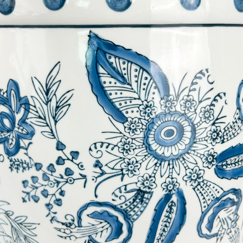 Tabouret circulaire en céramique à motif floral, Bleu