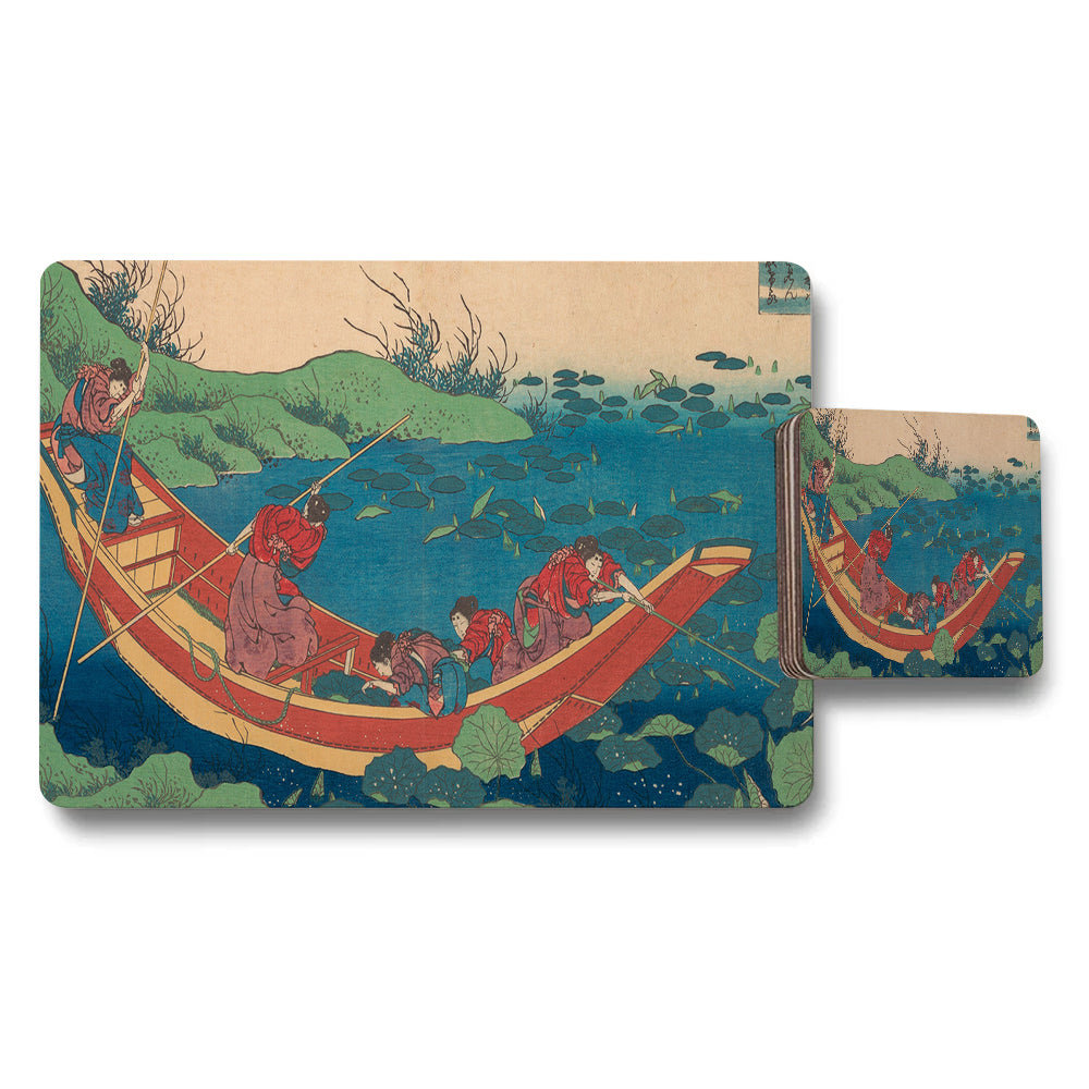 Traditional Japanese Boat Scene Placemat and Coaster Set