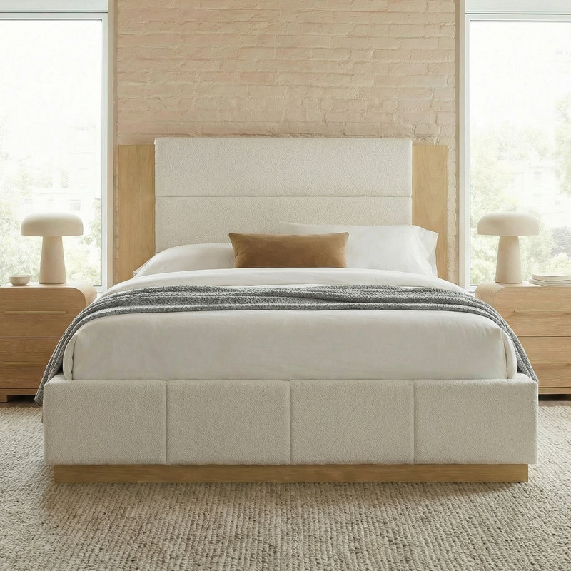 Structure de lit tapissier avec tête de lit allongée en bois, Blanc, Grand lit