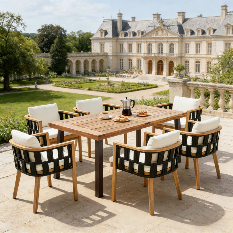 Ensemble de salle à manger 7 pièces en bois d'acacia avec corde plate et coussins William, 6