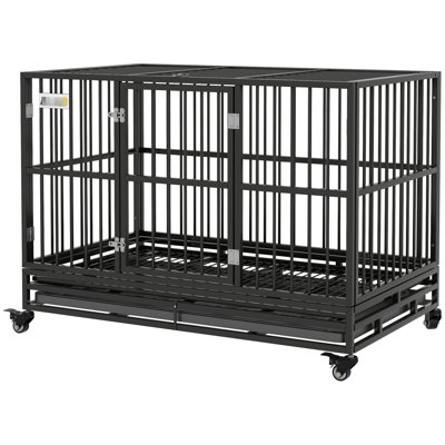 48" Metal Cage Kennel For Large Dogs, Heavy Duty With Lockable Wheels, Double Door And Removable Tray, Grey Dog Door, Suited Dogs Up To 88 Lbs Of Capacity