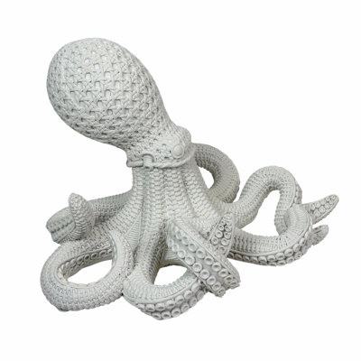 Coastal white resin octopus tabletop sculpture with wicker-look texture, 13 inches wide