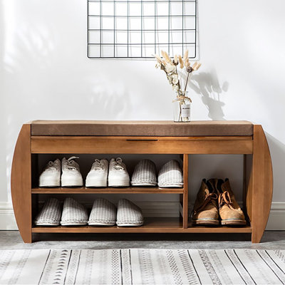 Shoe Bench with Hidden Storage and Side Holder, 7 Pair 2 Tier Entryway Bench with Storage 40.2 in, Bamboo Shoe Rack with Cushion for Entryway Hallway Living Room Bedroom