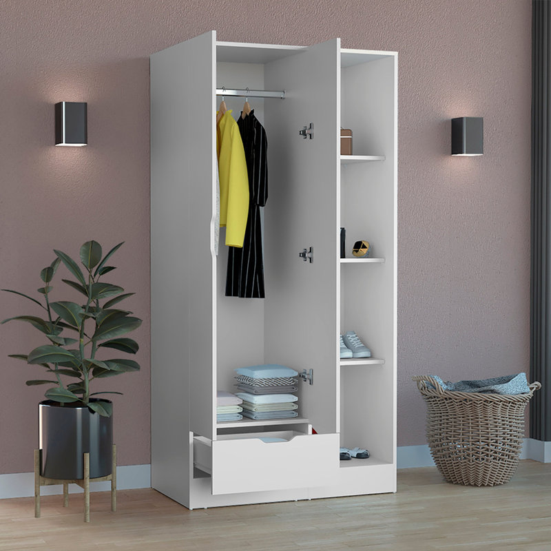 Armoire Toccoa avec 1 tiroir et 4 tablettes ouvertes à 4 niveaux, chambre à coucher, Blanc