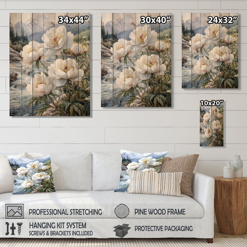 Peonies By The Mountain River II - Peonies Wood Wall Decor - On Natural Pine Wood, 44" H x 34" W x 0.78" D
