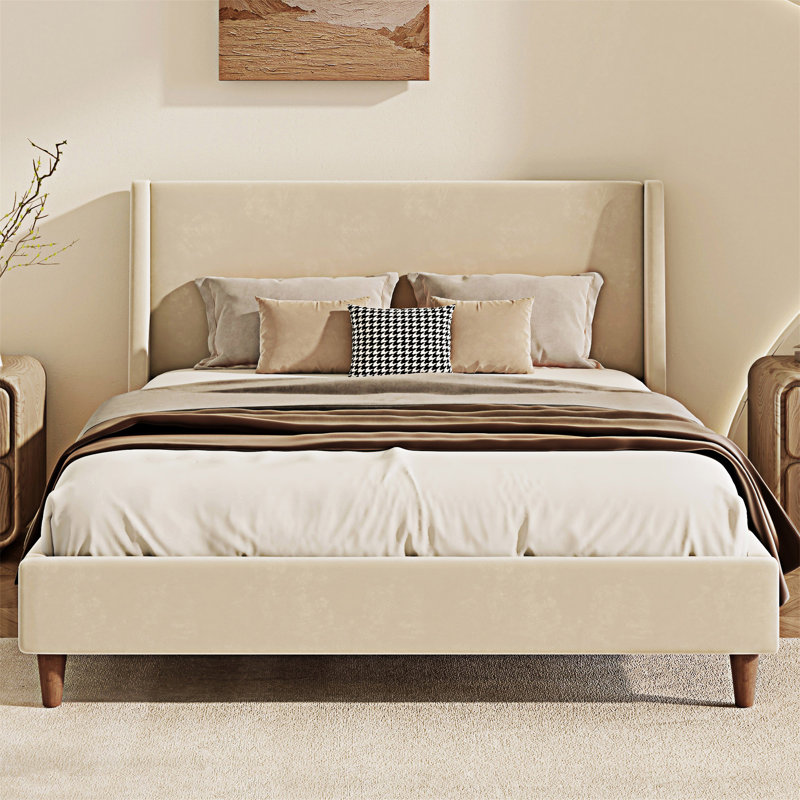 Upholstered Platm Bed With Wingback Headboard, King, Beige