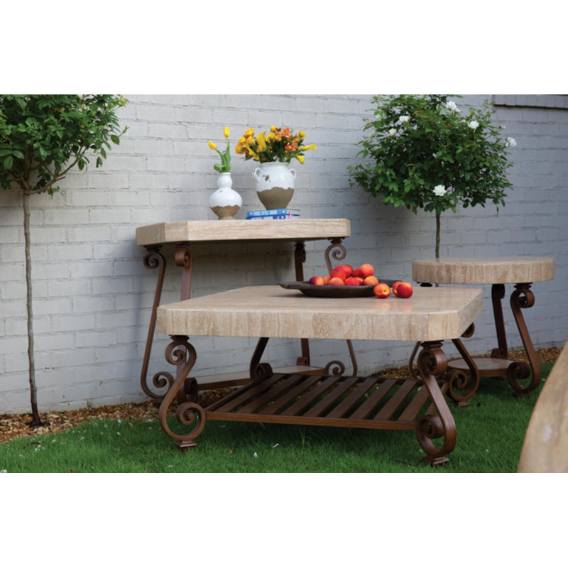 Adrian Coffee Table 40 x 40 w/ Solid Travertine Top & Hand Painted Aluminum Base