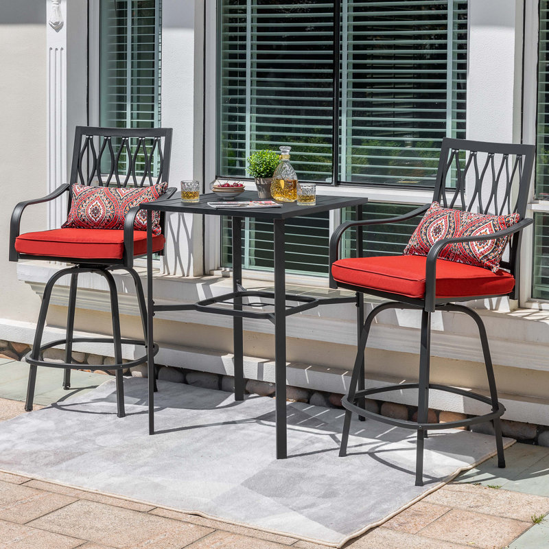 Ensemble de bar extérieur pivotant en métal 3 pièces avec trou pour parasol et coussins rembourrés 