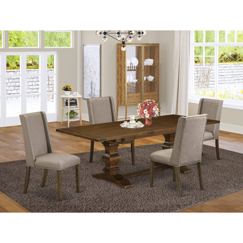 L'ensemble de table de salle à manger 5 pièces comprend une table de cuisine rectangulaire avec rallonge amovible et 4 chaises rembourrées en tissu kaki foncé, noyer antique