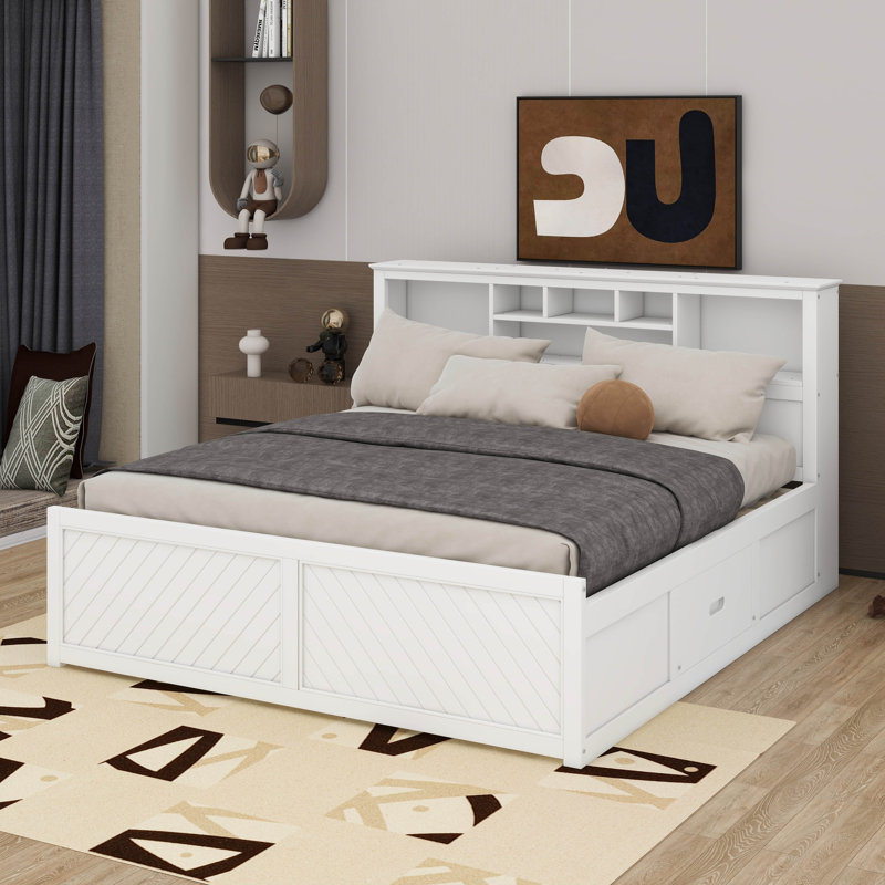 King Size Platform Bed With Multi-Storage Headboard, USB And Drawers, White