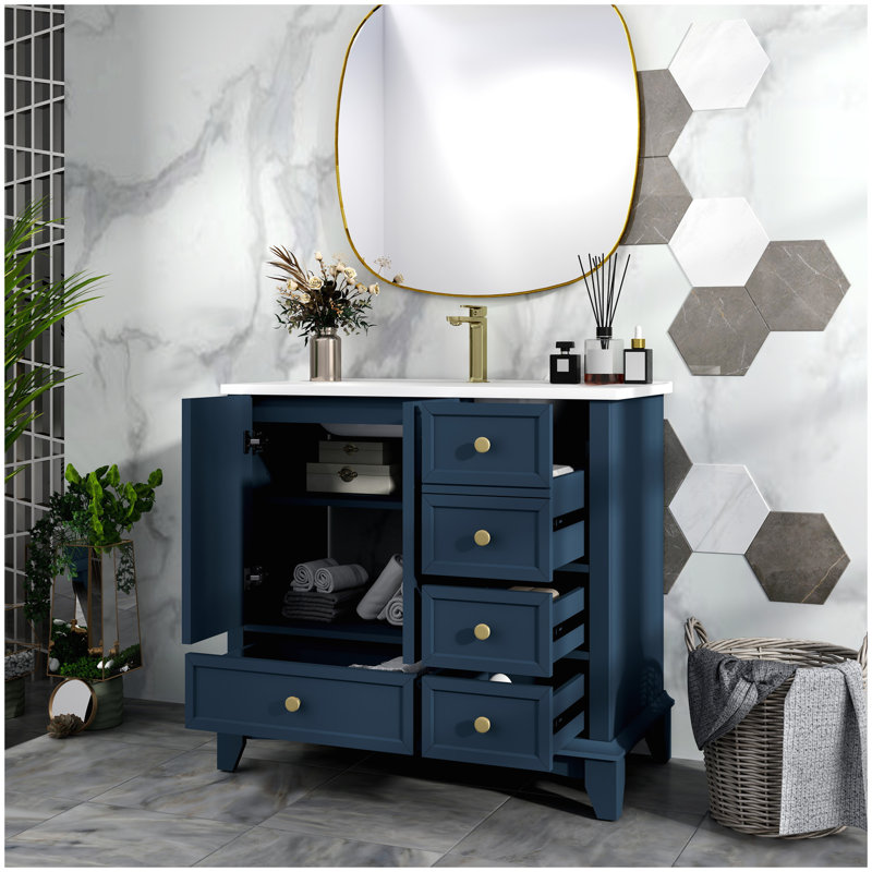 35.6" Modern Bathroom Vanity Sink Combo with Painted Surface, Mid-Century Freestanding Freestanding Bathroom Vanity Sink with Storage, High-end Restroom Vanity Cabinet with Drawers & Metal Handles