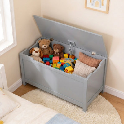 Coffre à jouets pour enfants avec charnière de sécurité, coffre de rangement en bois pour garçons et filles, grand coffre à jouets, meuble de rangement intégré pour salle de jeux, chambre ou chambre d'enfant