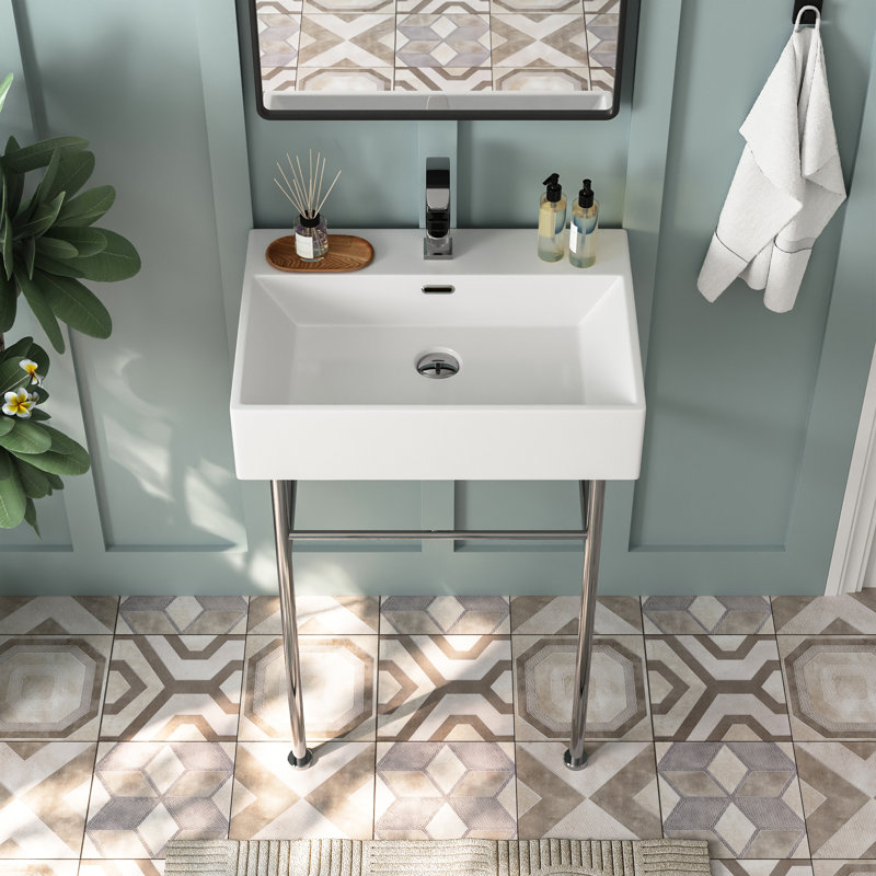 Ceramic White Rectangular Single Faucet Hole 24 in Console Bathroom Sink with Overflow, White/Silver