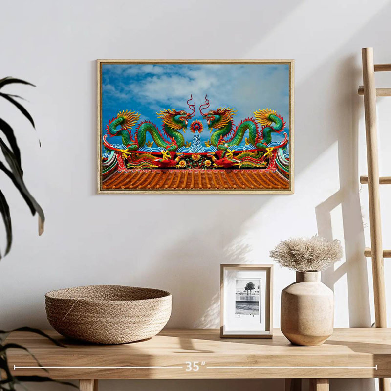 Simple dragon oriental, 19 po x 13 po, Cadre flottant en bois naturel