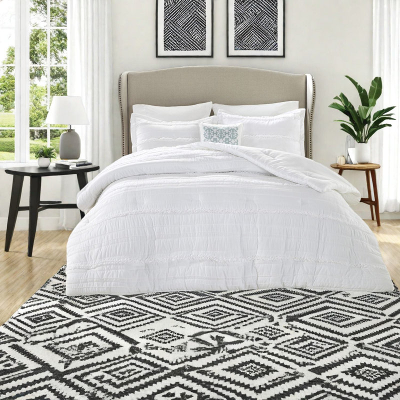 Elegant White Bedding Sets, Microfiber Comforter With Ruffled Design For Queen Bed
