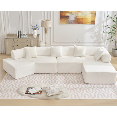 Moderne minimaliste 4 en L de 140 po avec méridienne, blanc - sans assemblage, canapé modulaire en tissu Boucle, mousse dense, canapé de salon,