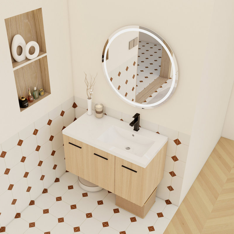 Meuble-lavabo flottant mural 36 po avec lavabo 36 po, chêne clair, armoire modulaire à 3 portes (2 portes + 1 porte), plateau de lavabo intégré avec revêtement en gel, 3 boîtes, prêt à assembler
