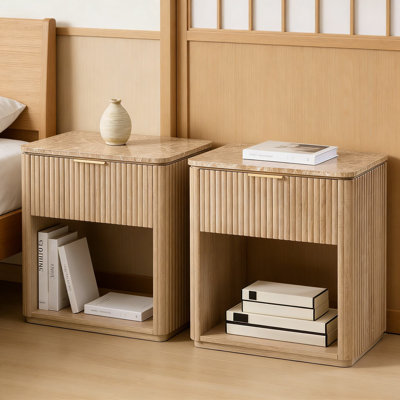 Ensemble de 2 tables de chevet cannelées avec plateau et tiroir en faux marbre, table de chevet moderne en bois d'ingénierie avec tablette ouverte, design incurvé pour chambre à coucher et petits espaces