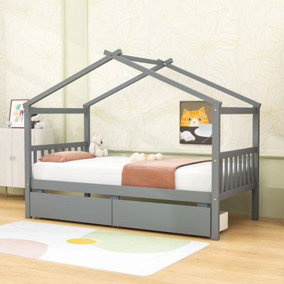 Lit simple en bois avec 2 tiroirs et garde-corps
