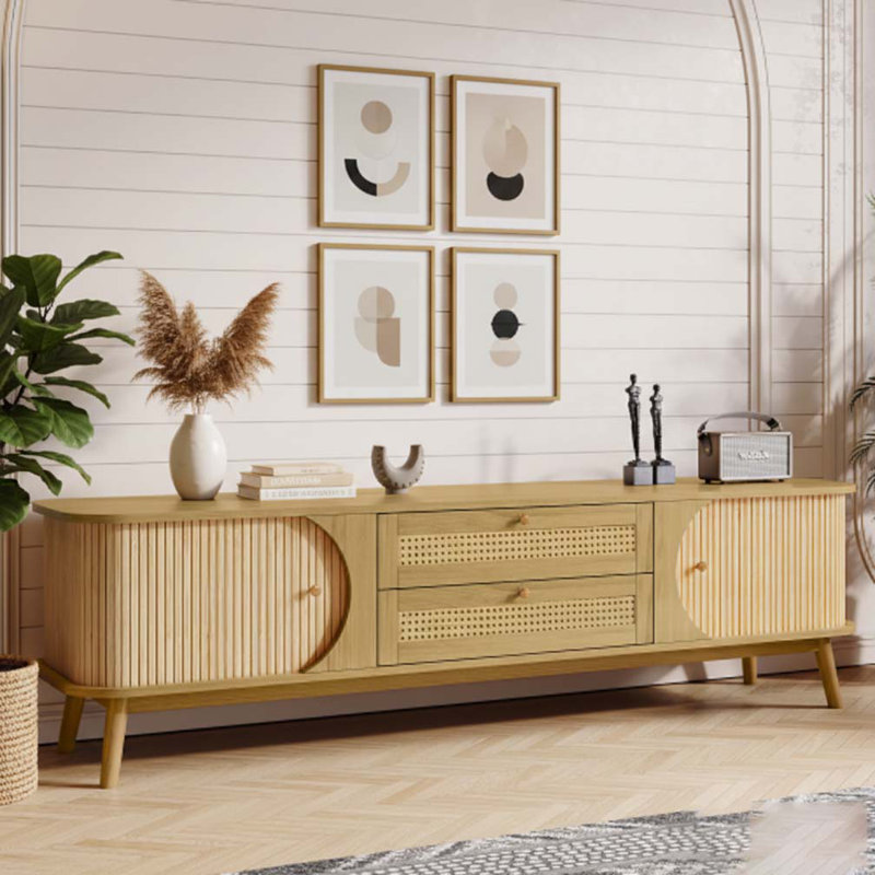 Rattan TV Stand for TVs up to 75'', Natural Wood