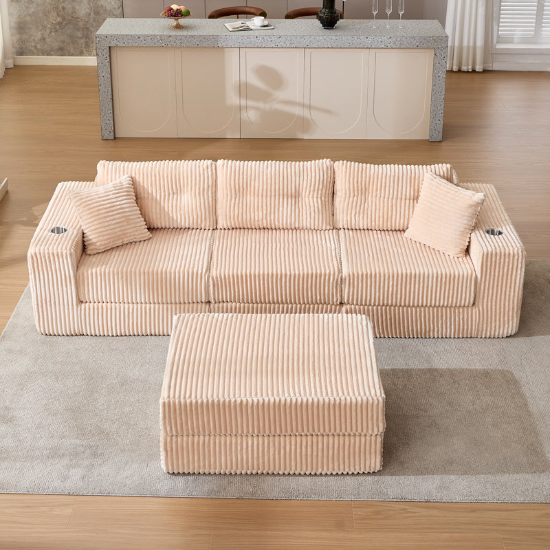 109” W Modular Compression Sofa With Ottoman, High Rebound Density Sponge Sofa, Cream