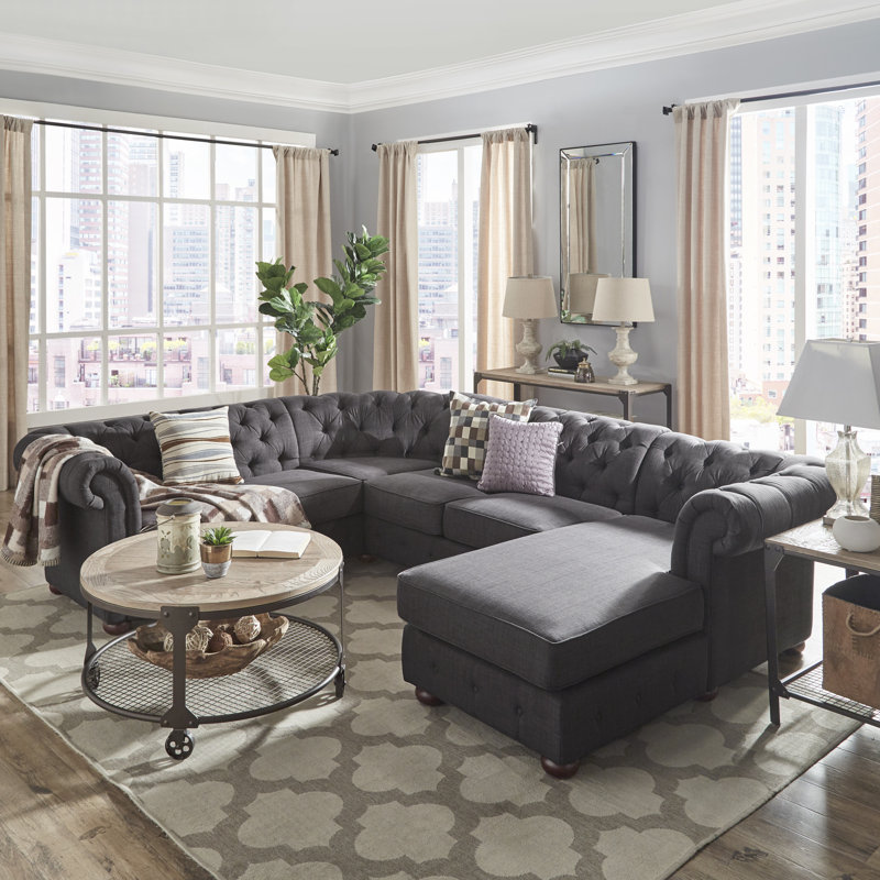 Dunn Upholstered U-Shaped Sectional Right Hand Facing, Dark Gray Linen