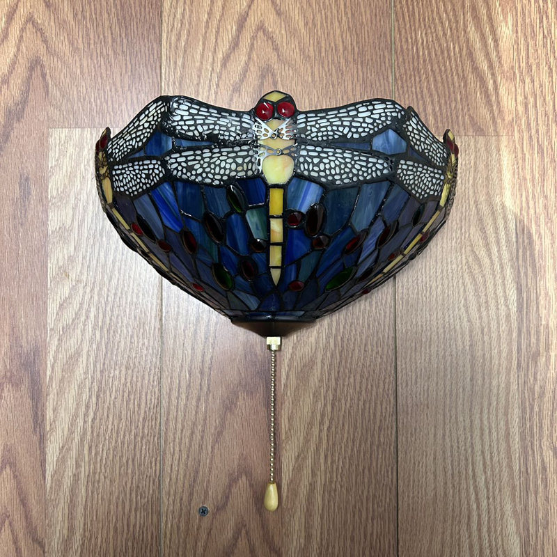 Simonson Tiffany Wall Sconces Blue Stained Glass Dragonfly Half Moon LED Bulb Included 12"W*6"D*7"H, Yellow/Dark Blue/Red