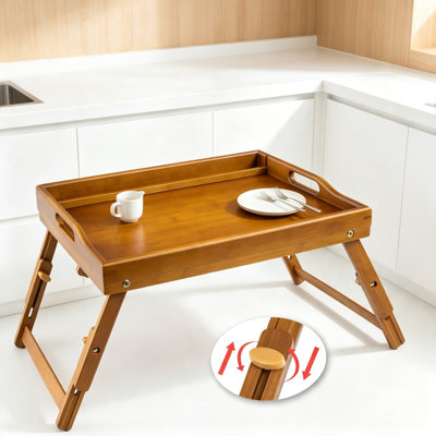 Plateau de lit en bambou avec poignées et pieds pliants, plateau de petit déjeuner avec fente pour média, plateau de service polyvalent pour manger, ordinateur portable, collation, télévision et cuisine, ensemble de deux