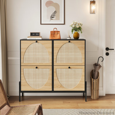 Armoire à chaussures en rotin peu encombrante avec 4 portes rabattables - Rangement étroit élégant pour les entrées et les couloirs