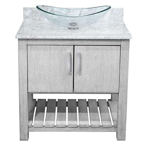 Meuble-lavabo gris de 36 pouces avec comptoir en marbre de Carrare, lavabo vasque en verre, miroir et quincaillerie en nickel brossé