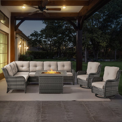 Dahlyla 8- Person Outdoor PE Wicker Sectional Seating Group with Fire Pit Table and Cushions