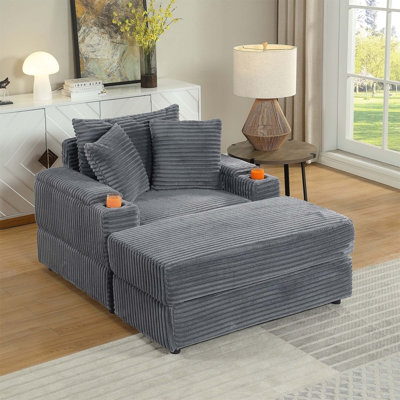 Luxueux canapé en velours côtelé avec 2 coussins décoratifs et repose-pieds, confort profond pour la détente dans le salon