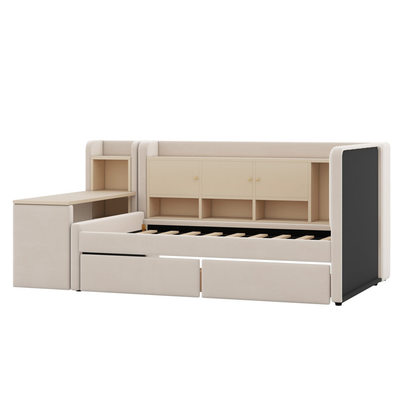 Lit de jour rembourré avec tiroirs, tablettes, armoires rabattables et table d'appoint, Beige