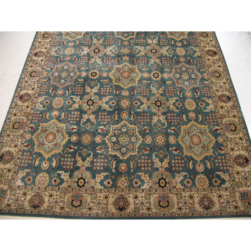 Oriental Hand-Knotted Wool Blue/Ivory Area Rug, Rectangle 12'1" x 14'8"