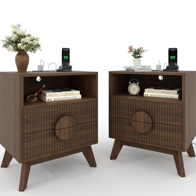 1/2 PCS Modern Nightstand, Fluted End Table with 2 Drawers & Open Shelf, Wooden Bedside Table, Sofa Side Table for Living Room Bedroom Sofa Couch