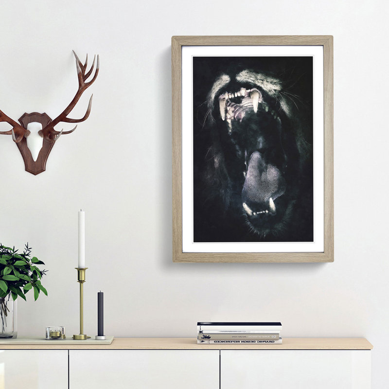 Roaring Lion 1 Piece Single Picture Frame Painting on MDF, 63cm H x 45cm W x 2cm D, Oak Framed