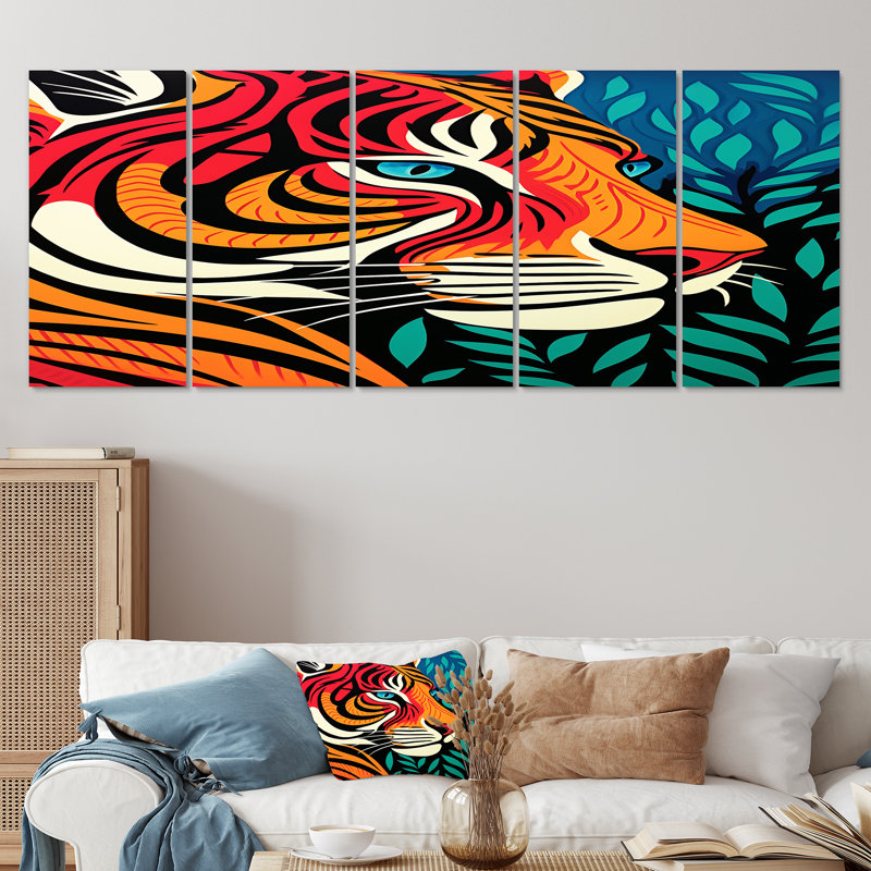 Portrait de tigre dans un bois abstrait, art mural animal tigre 5 pièces, 28" H x 60" W
