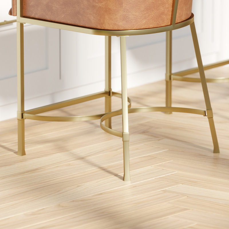 Tabouret de comptoir de 26 po de hauteur, similicuir brun tabac, structure dorée, dossier confortable, glissières de comptoir de bar réglables pour îlot de cuisine, table haute