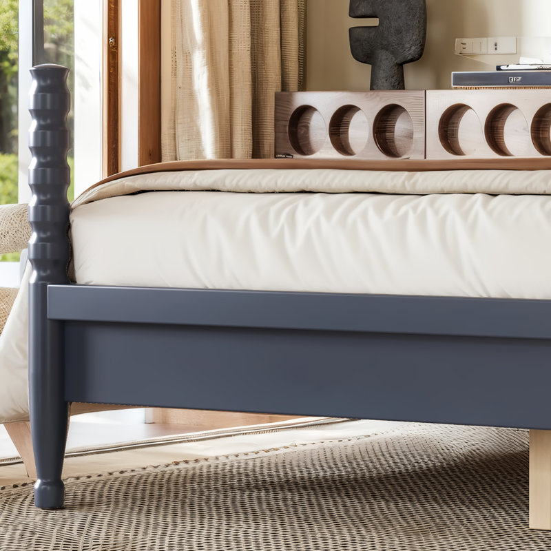 Lit plateforme Queen Size avec tête de lit arquée tissée, cadre de lit à baldaquin en bois, tête de lit incurvée, rangement sous le lit, bleu