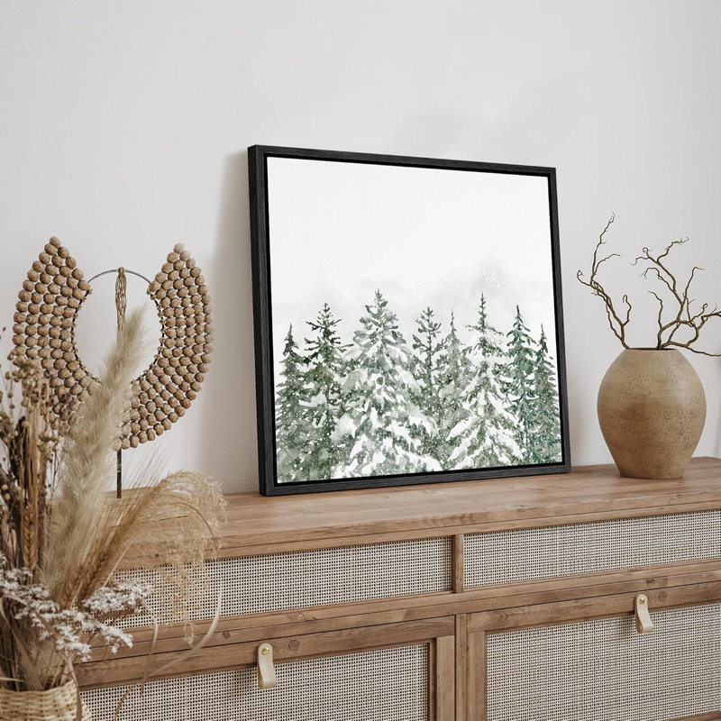 Hiver neige recouverte de pin, forêt rustique enneigée, décor de vacances sur toile encadrée, H 16 po x l 16 po