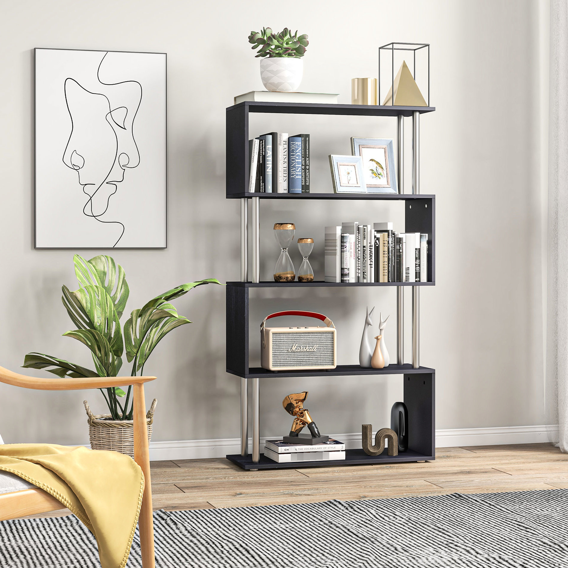 LavishLodge S-Shaped 5 Tier Bookcase In Black, Wooden Storage Stand ...