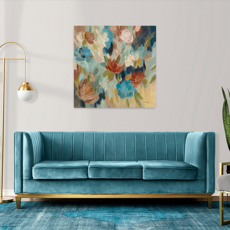 Floral contemporain bleu et sienne avec art abstrait bleu, H 36 po x l 36 po