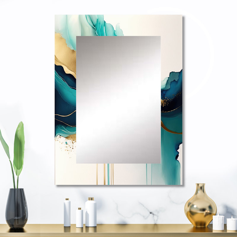 Teal And Gold Abstract Expression II - Liquid Ink Unique Wall Mirror Decor, Turquoise Large Mirror, Printed Metal Art