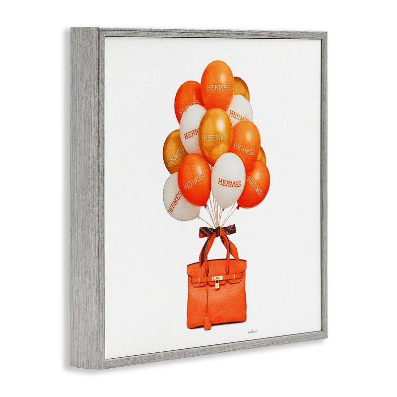 Estampe orange avec sac à main et ballons orange, design par Amanda Greenwood, Giclée de ferme grise encadrée