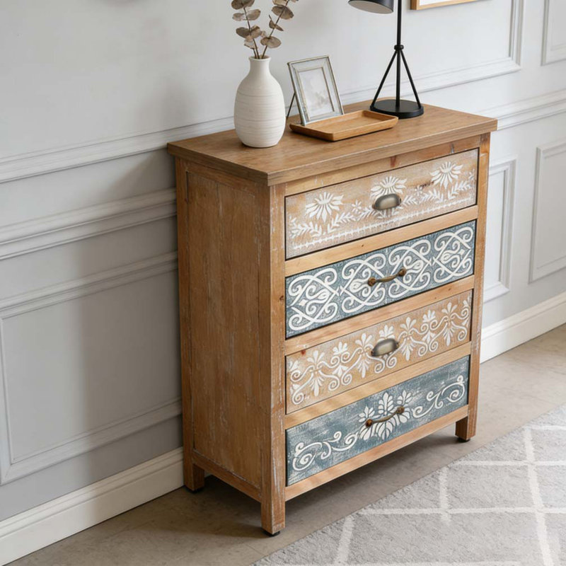 Commode vintage à 4 tiroirs en bois vieilli