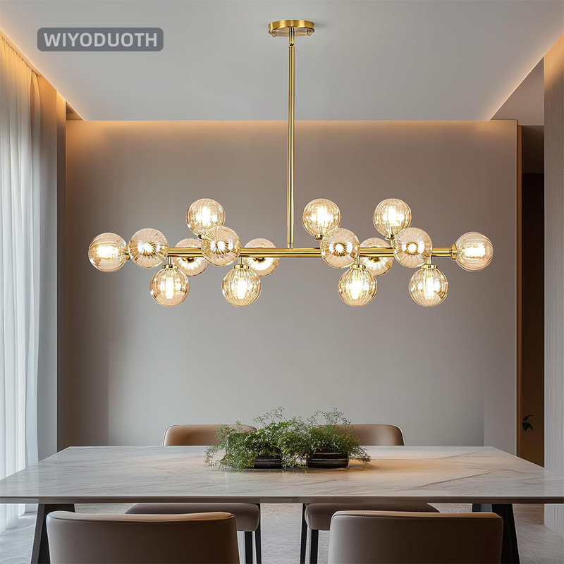 Lustre de style Mid-Century à 16 lumières: lustres Spoutnik linéaires dorés de 40 po - Luminaire de salle à manger globe en verre ambré - Long lustre suspendu moderne pour îlot de cuisine de salon